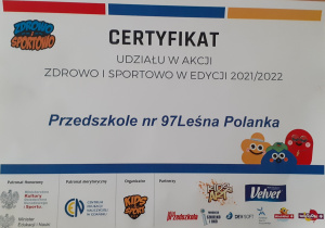 Certyfikat za udział w akcji "Zdrowo i Sportowo"