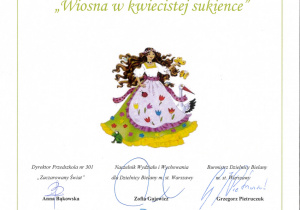 Dyplom za udział II Przeglądzie Piosenki Dziecięcej "Wiosna w kwiecistej sukience"