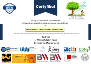 Certyfikat za udział w akcji "Czytanie na Polanie 2023"