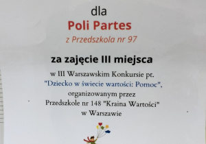 "Dziecko w świecie wartości" dyplom za zajęcie III miejsca w konkursie dla Poli P.