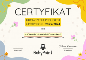 "Cztery pory roku"- Certyfikat dla gr. III "Dzięcioły"