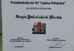 "Magia Bielańskich uliczek" - dyplom dla Przedszkola 97 za udział w konkursie