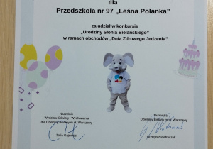 "Urodziny Słonia Bielańskiego" - dyplom dla Przedszkola 97 za udział