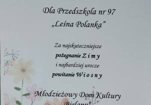 "Powitanie wiosny"- dyplom za udział w wydarzeniu dla Przedszkola 97
