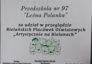 Dyplom za udział w "Artystycznie na Bielanach"