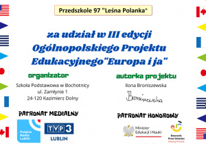 Certyfikat za udział w projekcie "Europa i ja"