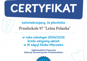 Certyfikat udziału w III edycji "Klubu Mleczaka"