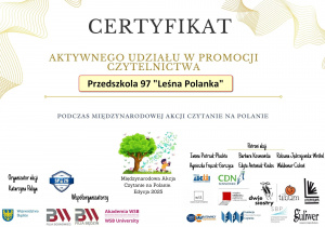 Certyfikat udziału w akcji "Czytanie na Polanie"