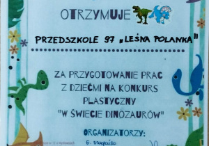 Dyplom konkursowy "W świecie dinozaurów"