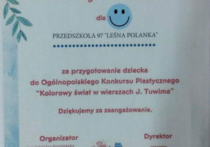 Podziękowanie za udział w konkursie "Kolorowy świat w wierszach Tuwima"