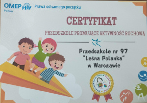 Certyfikat dla "Przedszkola promującego aktywność sportową"
