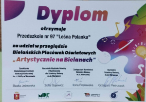 Dyplom uczestnictwa "Artystycznie na Bielanach"