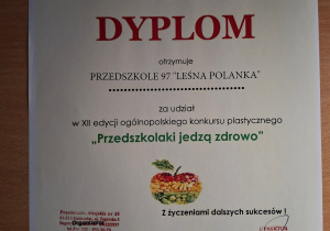 Dyplom za udział w konkursie "Przedszkolaki jedzą zdrowo"