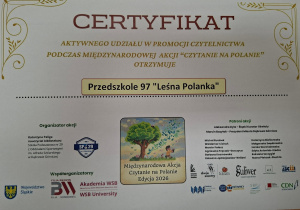 Certyfikat udziału w akcji "Czytanie na Polanie"