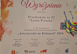 Wyróżnienie za udział w konkursie "Artystycznie na Bielanach"