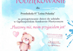 Podziękowanie za udział w konkursie "Pluszowy Miś - przyjacielem moim jest"