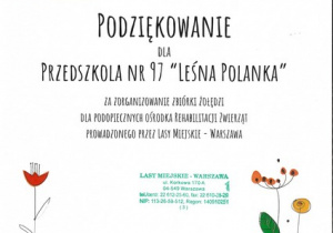 Podziękowanie za zorganizowanie zbiórki żołędzi