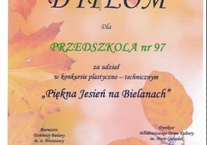 Dyplom za udział w konkursie "Piękna jesień na Bielanach"
